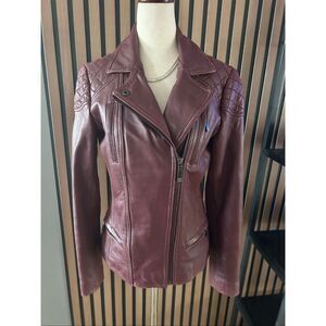 Anne Klein Women's Genuine Real Leather Soft Burgundy Jacket Moto Biker Jacket S